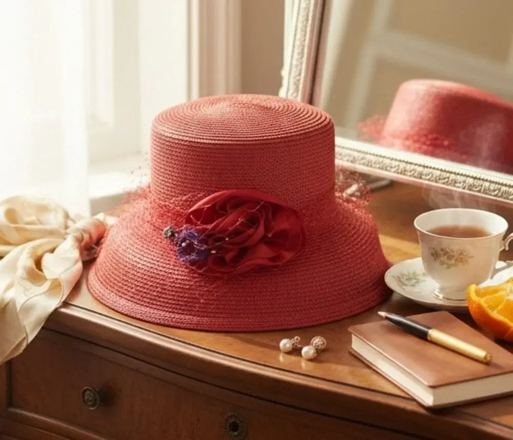 Vintage August Women's Red Derby Hat Polypropylene Dress Hat RN#80934 7x7.5